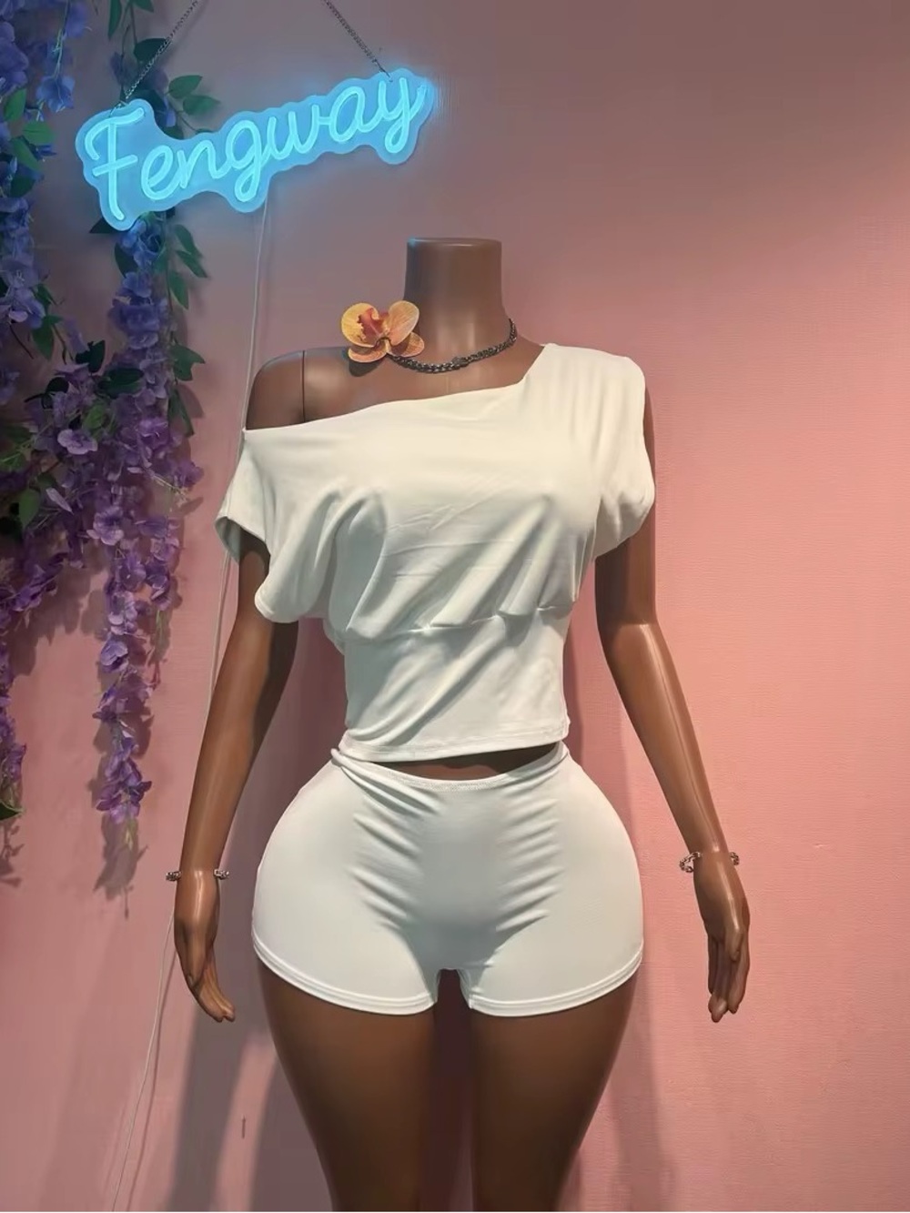 Women's White Off-Shoulder Lounge Shorts Set